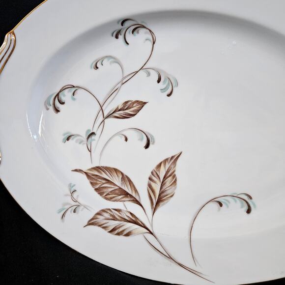 Noritake China Selby Serving Platter Japan 13.5" Gold Trim Handles Leaf Design - Picture 2 of 7
